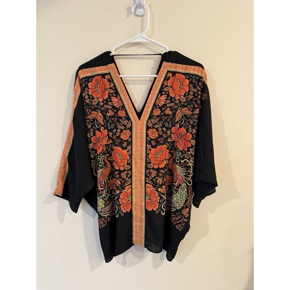 Rose + Olive Shirt Womens Large Black Floral V Neck 3/4 Sleeve Kimono Blouse